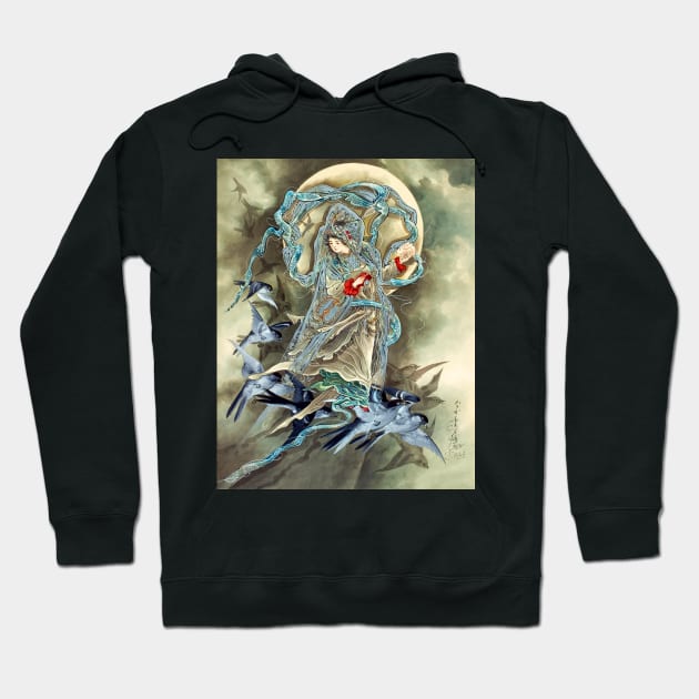 Woman Against a Full Moon Accompanied by Birds, Toshio Aoki 1890s Hoodie by rocketshipretro